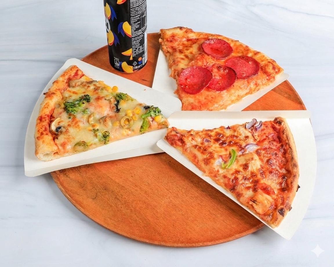 3 Pizza Stück + Getränke