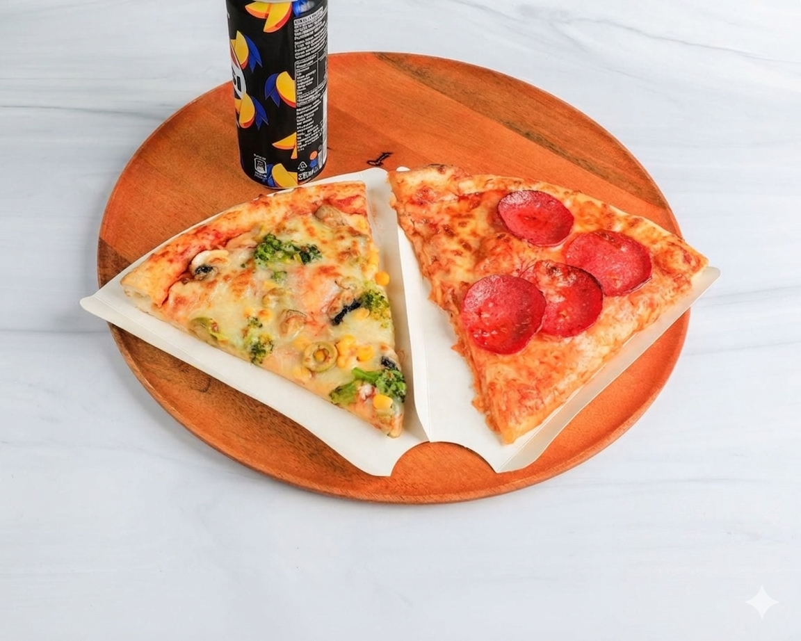 2 Pizza Stück + Getränke